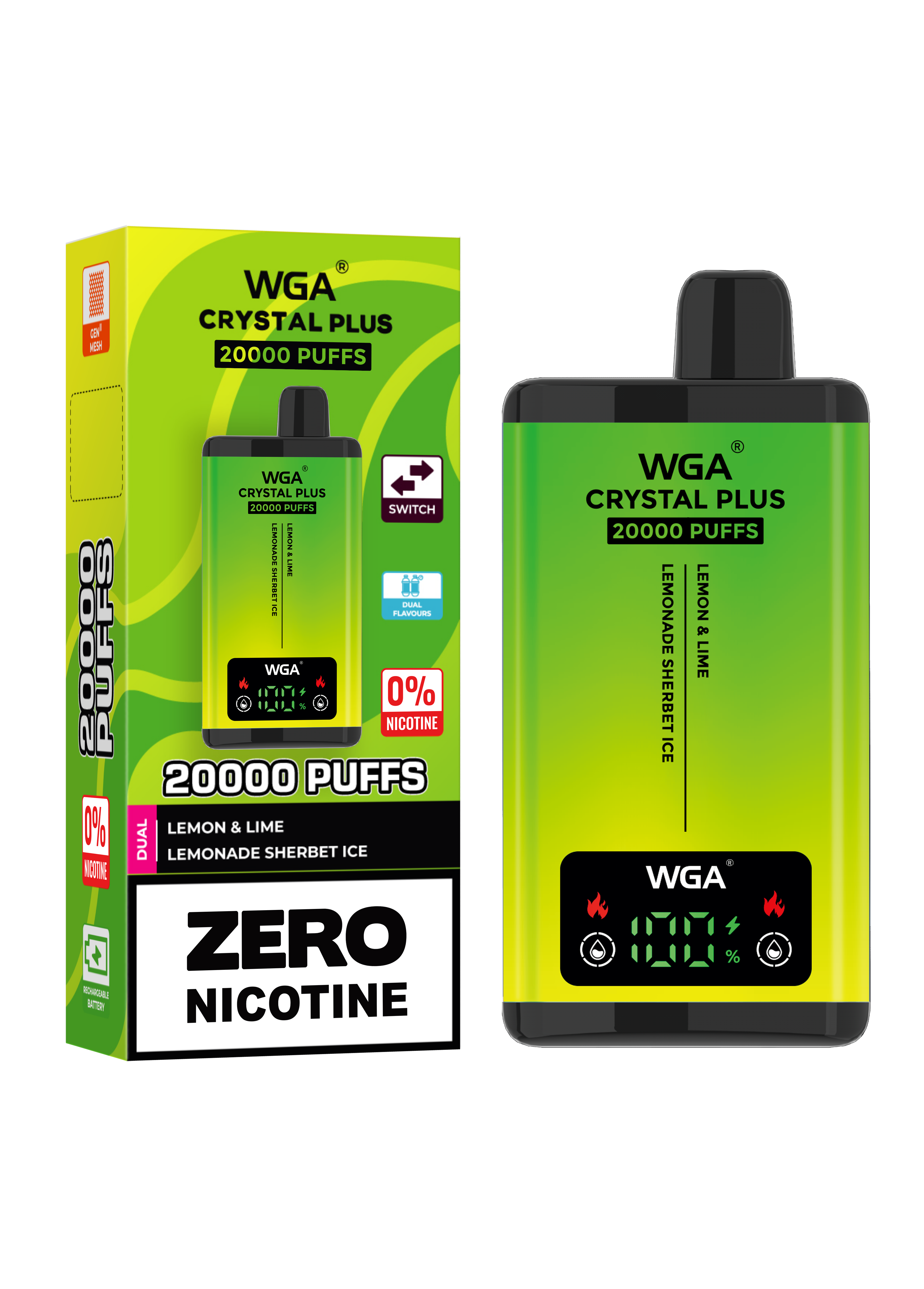 WGA Crystal Plus 20000 Lemon and Lime / Lemonade Sherbet Ice 0 Nicotine Disposable Vape