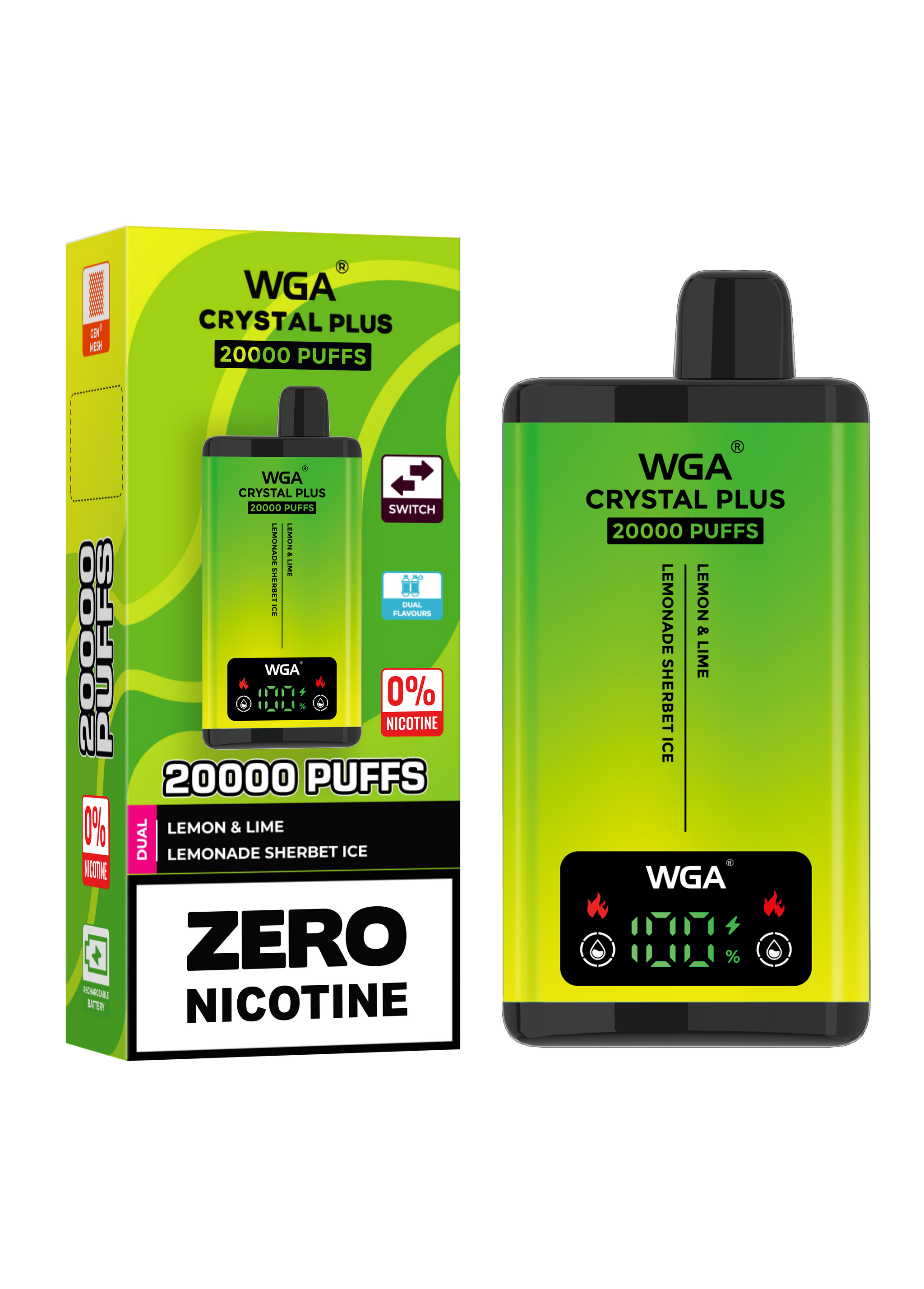 WGA Crystal Plus 20000 Lemon and Lime / Lemonade Sherbet Ice 0 Nicotine Disposable Vape