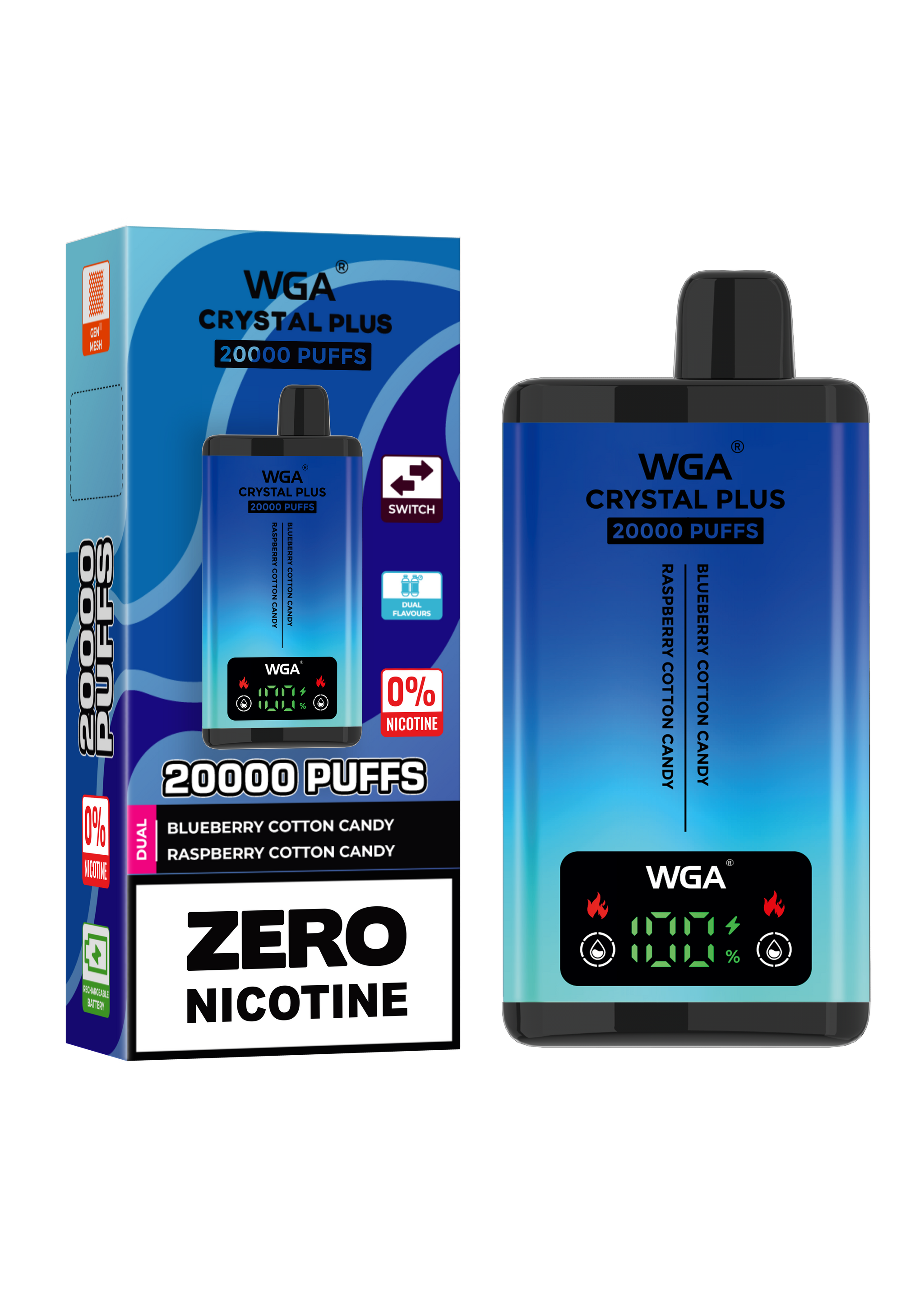 WGA Crystal Plus 20000 Strawberry Raspberry Ice / Blueberry Cherry Cranberry 0 Nicotine Disposable Vape