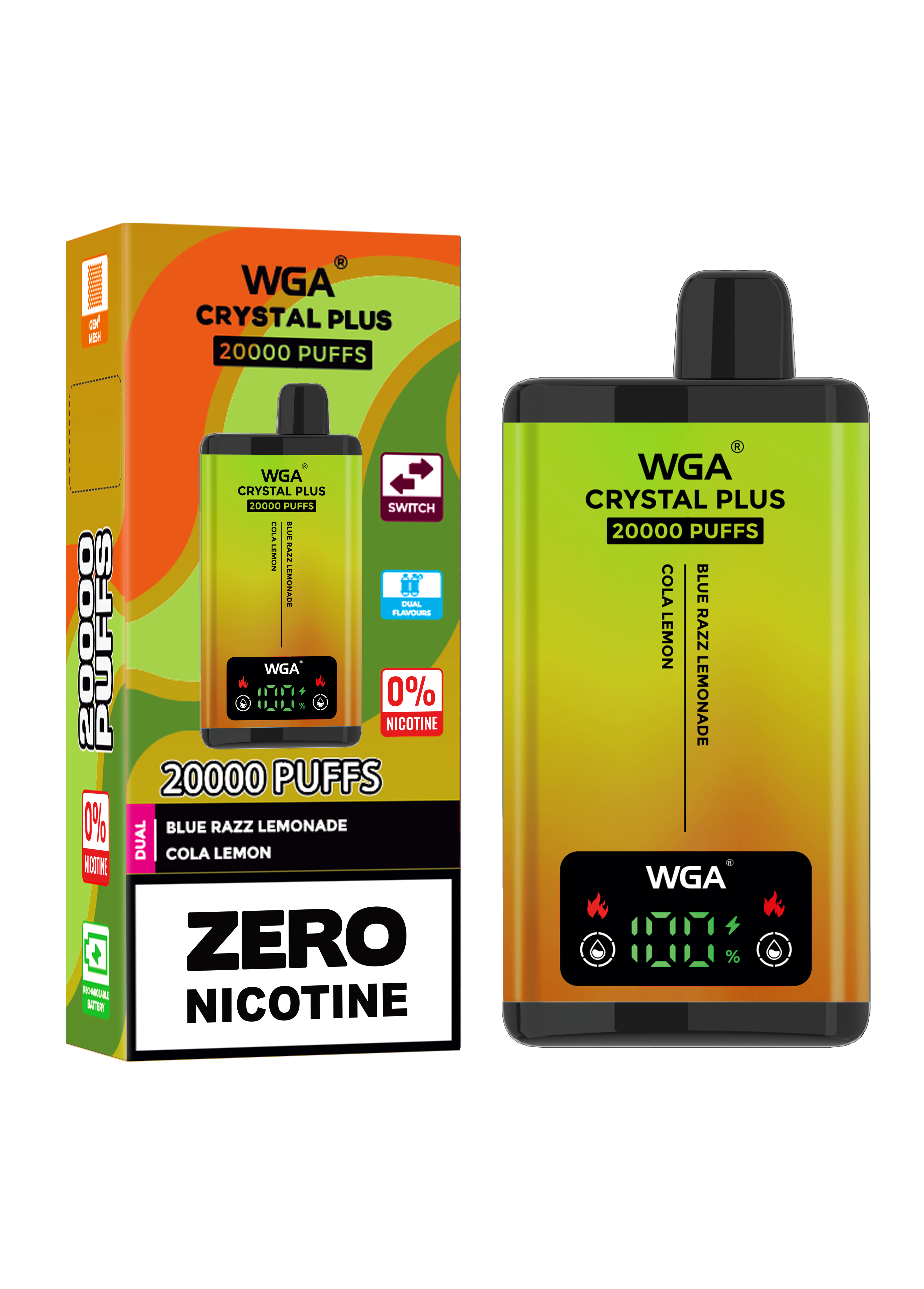 WGA Crystal Plus 20000 Blue Razz Lemonade / Cola Lemon 0 Nicotine Disposable Vape