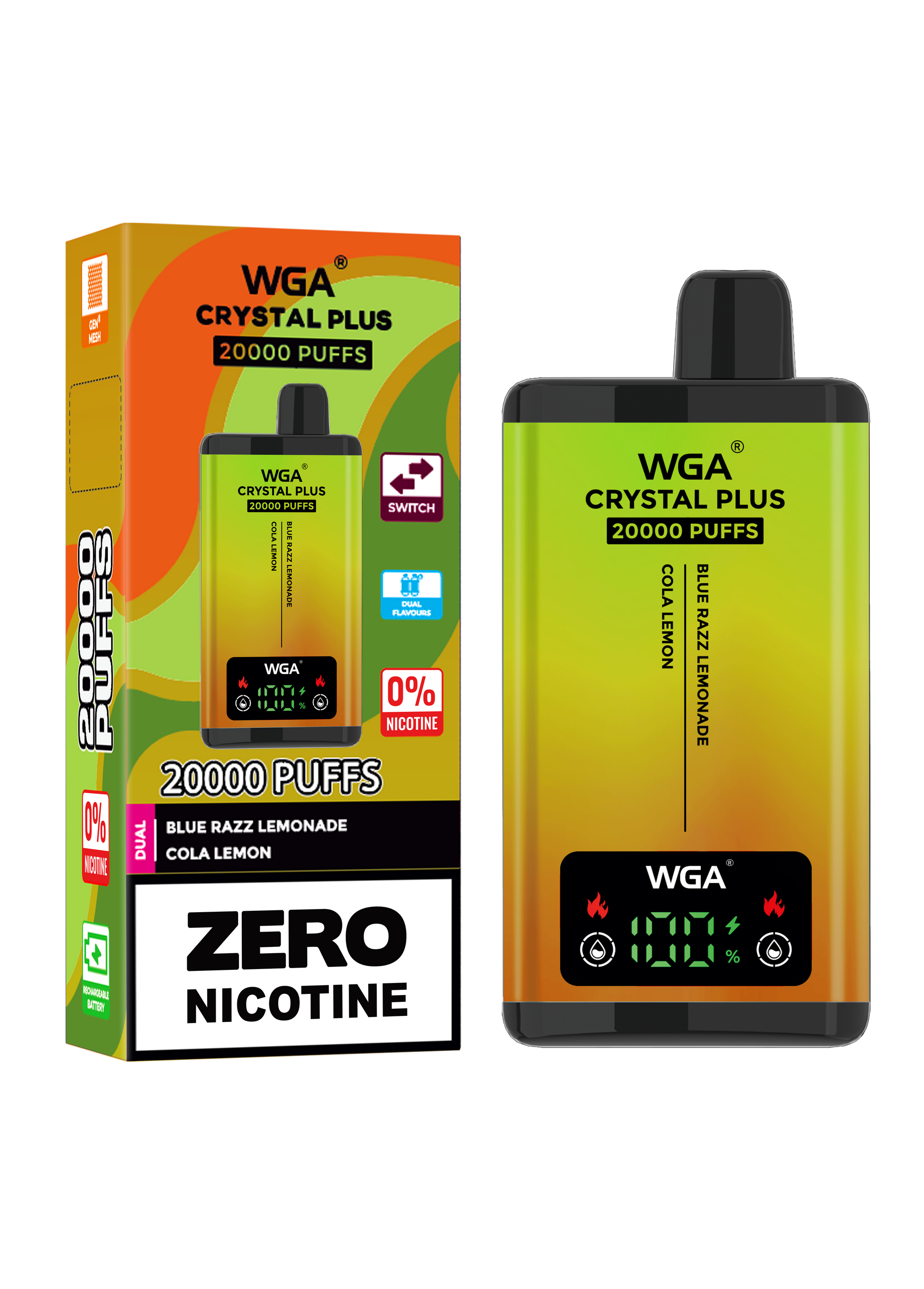 WGA Crystal Plus 20000 Blue Razz Lemonade / Cola Lemon 0 Nicotine Disposable Vape