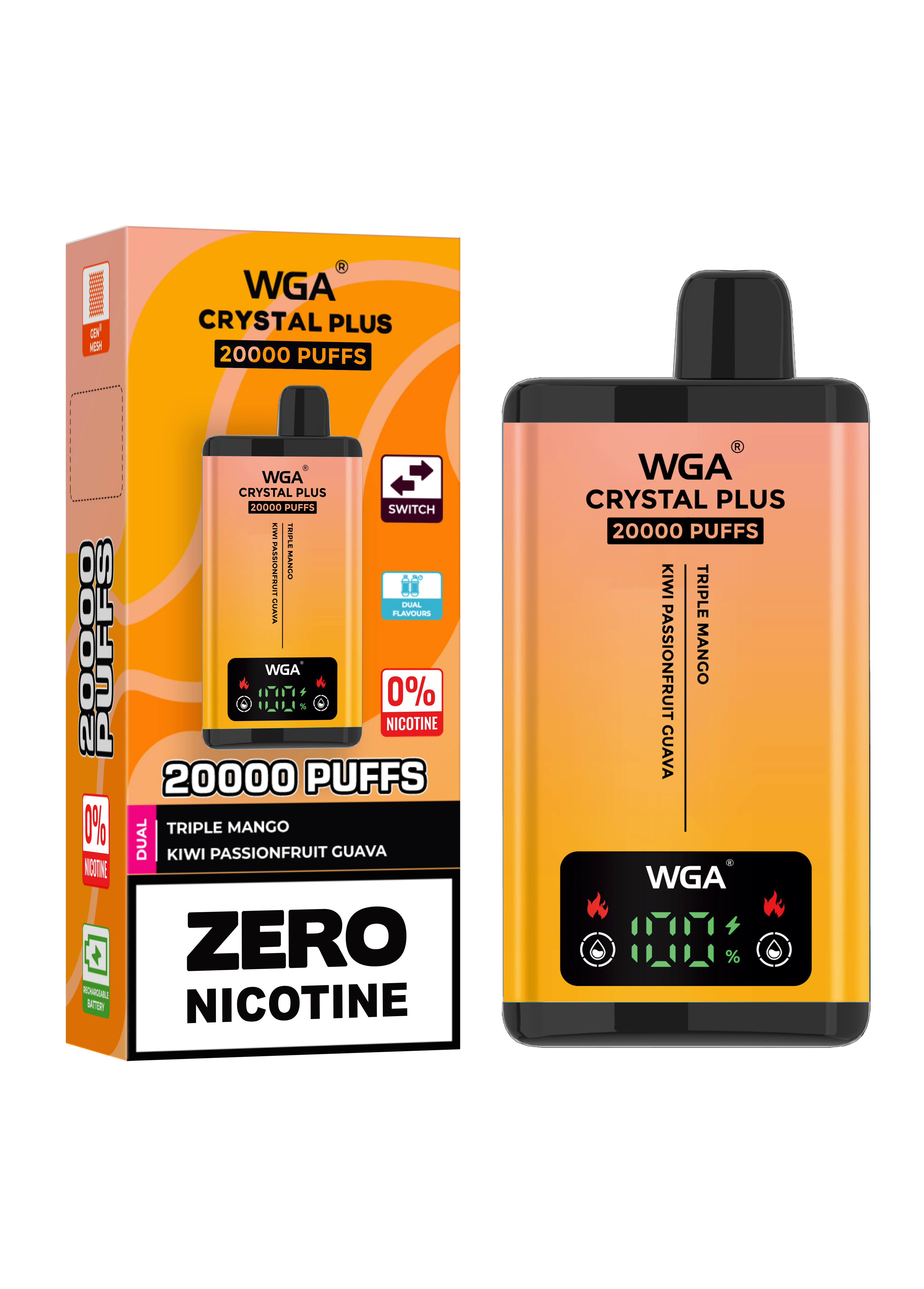 WGA Crystal Plus 20000 Triple Mango / Kiwi Passionfruit Guava 0 Nicotine Disposable Vape