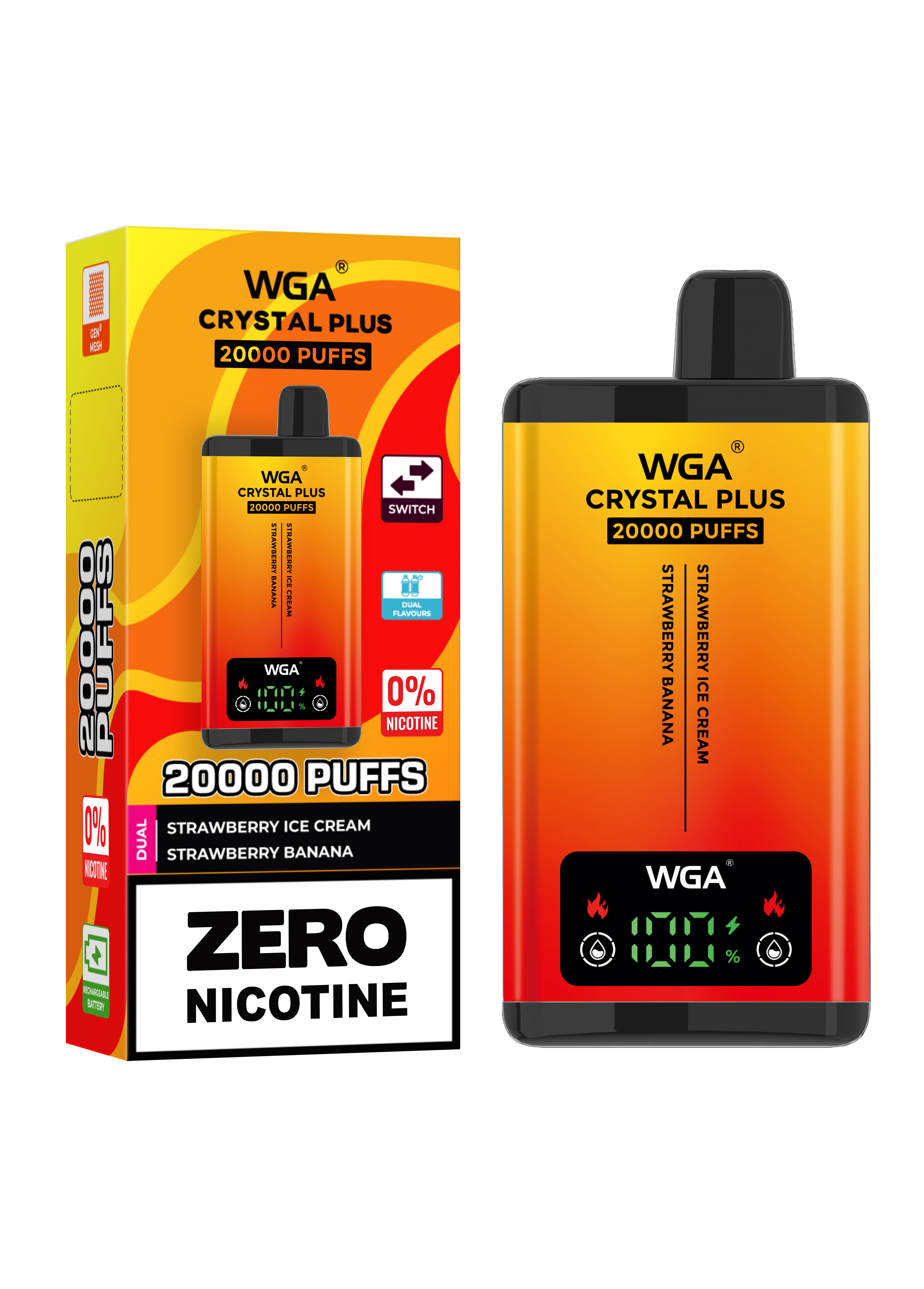 WGA Crystal Plus 20000 Strawberry Ice Cream / Strawberry Banana 0 Nicotine Disposable Vape