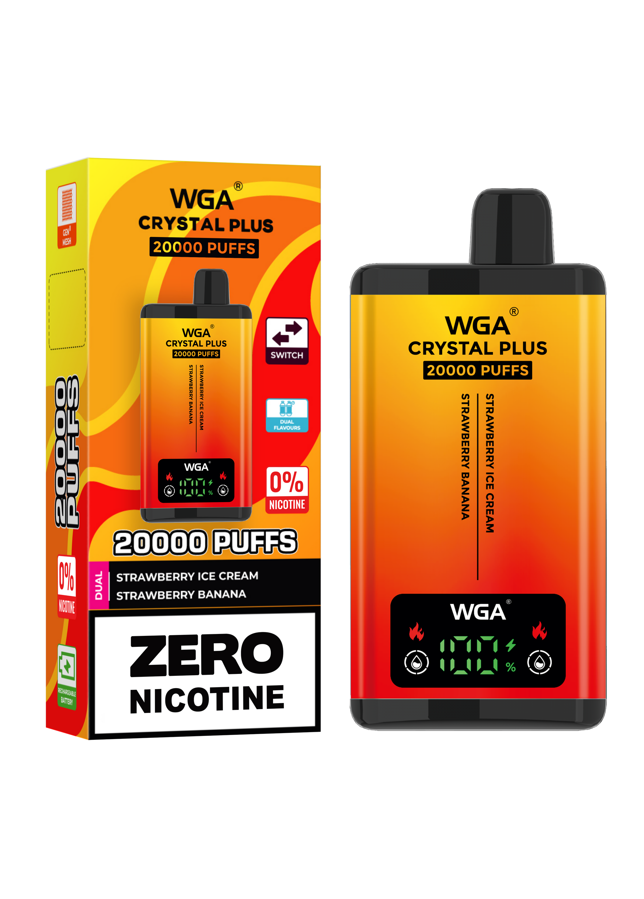 WGA Crystal Plus 20000 Strawberry Ice Cream / Strawberry Banana 0 Nicotine Disposable Vape