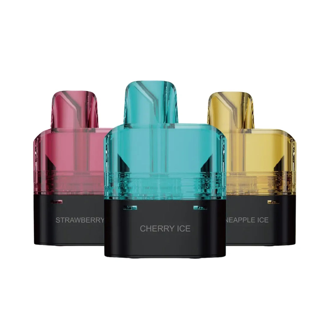 Three defender f1-10000 vape pods with different flavors on a white background