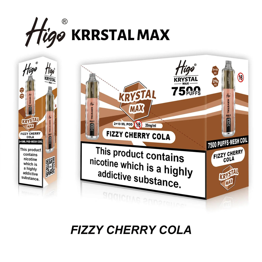 Higo Krystal Max vape device packaging with nicotine warning label on a white background