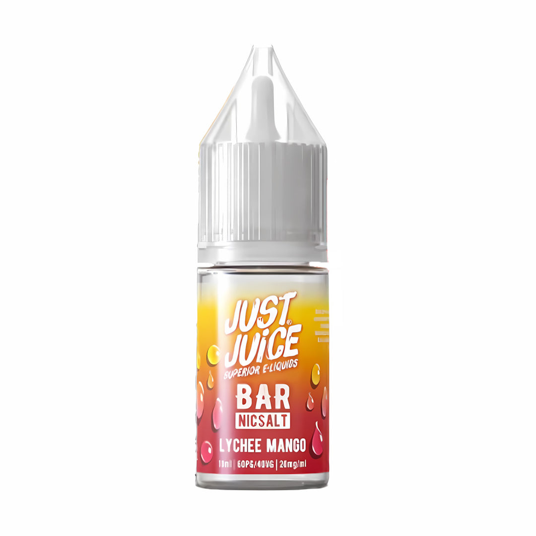Just Juice Lychee Mango e-liquid bottle on a white background
