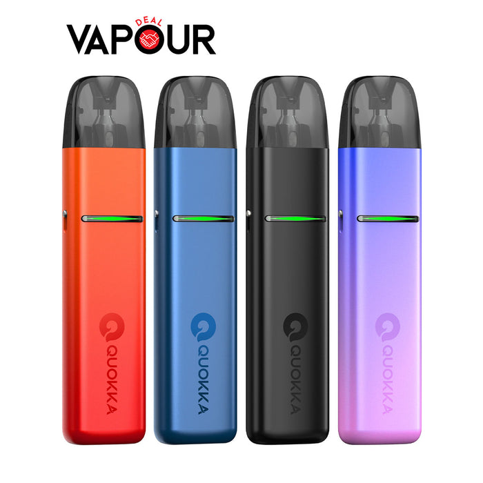 Four Quokka vape devices in red, blue, black, and purple on a white background with 'Deal Vapour' branding.