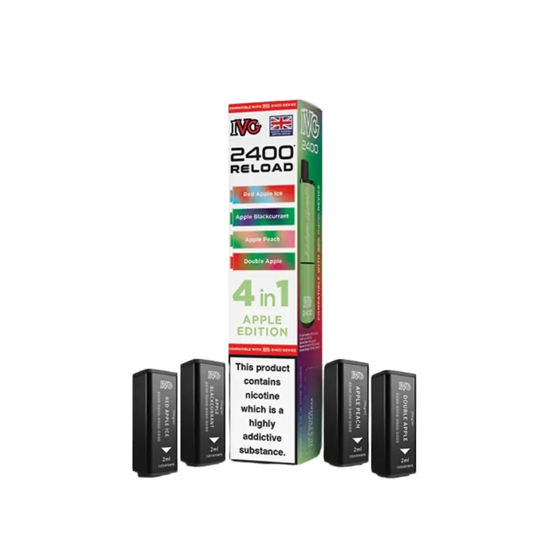Packaging of vape devices with '4 in 1' and '2400 Reload' text on a white background