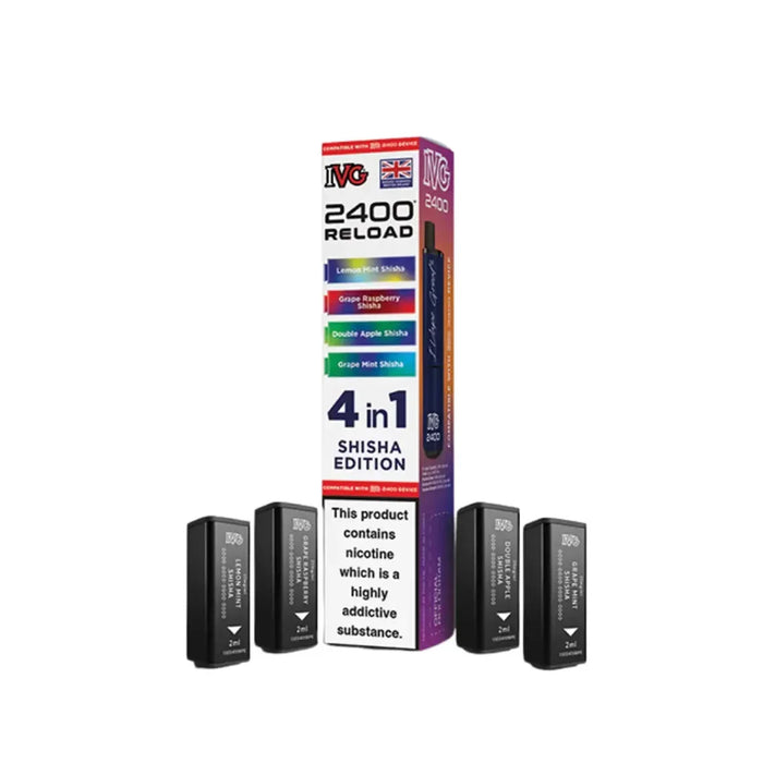 Vaping device reload pack with '4 in 1 Shisha Edition' on a white background