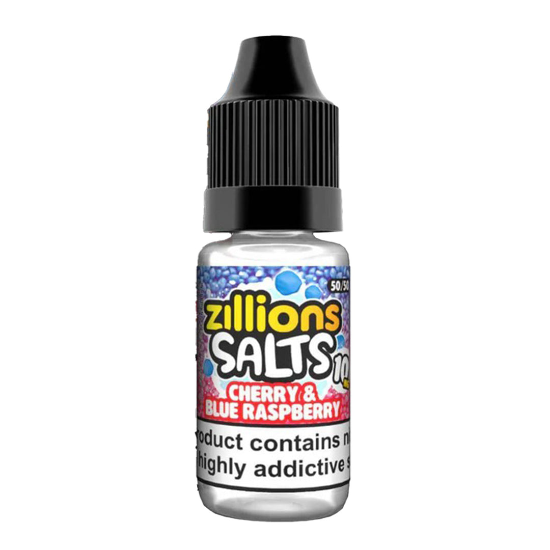 Bottle of Zillions Salts Cherry & Blue Raspberry e-liquid on a white background
