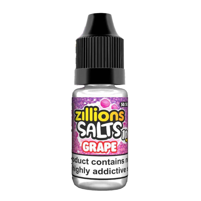 Bottle of Zillions Salts Grape e-liquid on a white background